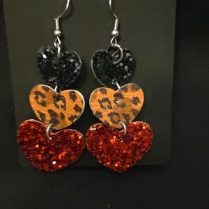 Triple Heart Dangle Earrings - Black, Leopard, and Red